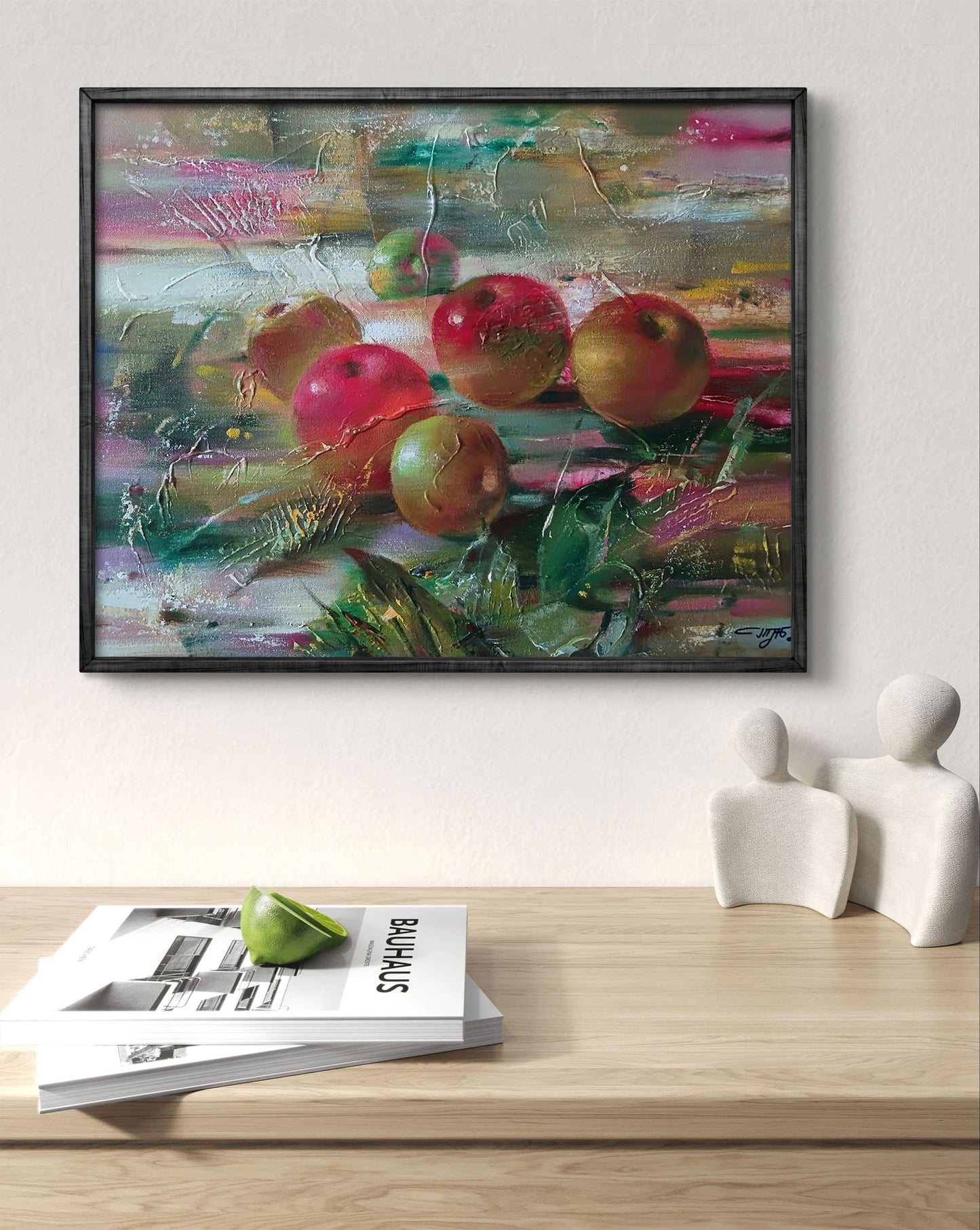 Abstract oil painting Juicy Apples by Anatoly Tarabanov in black frame