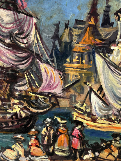 Vibrant impressionist oil painting of ships near city by Litvinov