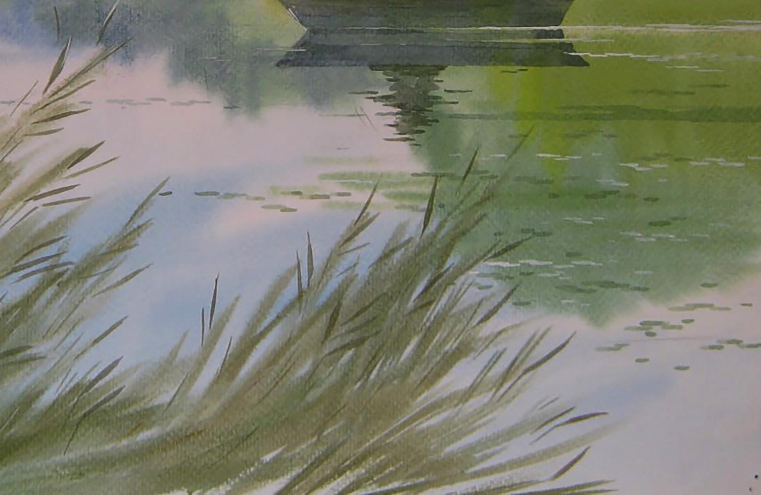 Watercolor painting of green reeds swaying in waters reflection by Valery Savenets