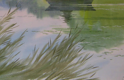 Watercolor painting of green reeds swaying in waters reflection by Valery Savenets