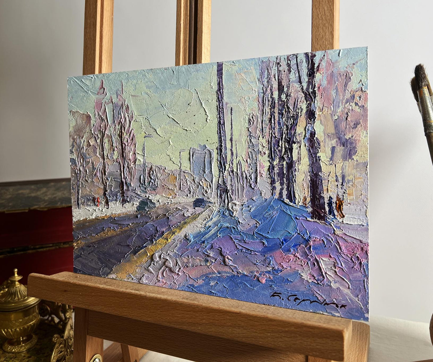 Oil painting After the night snowstorm Boris Serdyuk snowy textured scene