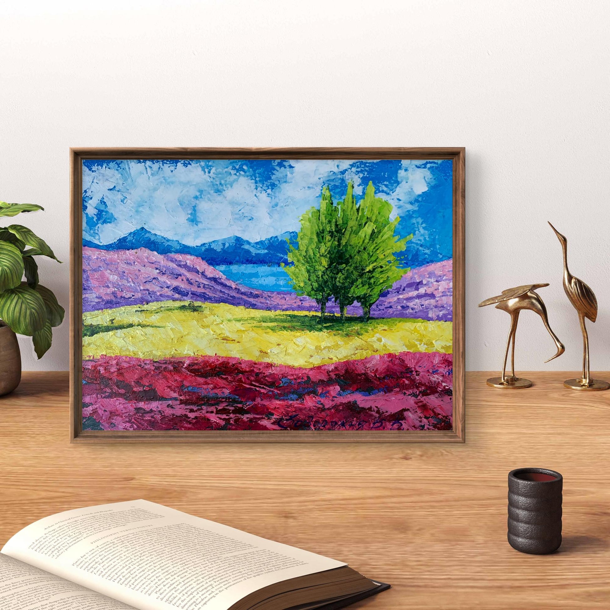 Oil painting of mountain lake and three trees by V. Zadorozhnya in rustic frame