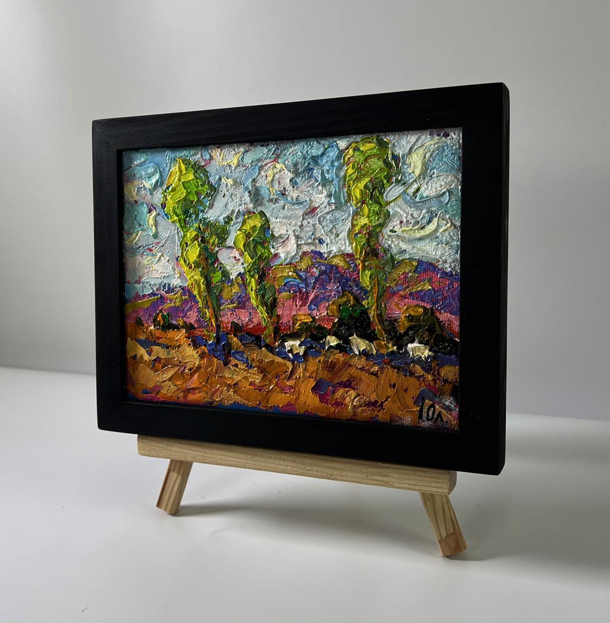 Oil painting Meadow with animals by Oleksiy Ivanyuk in black frame