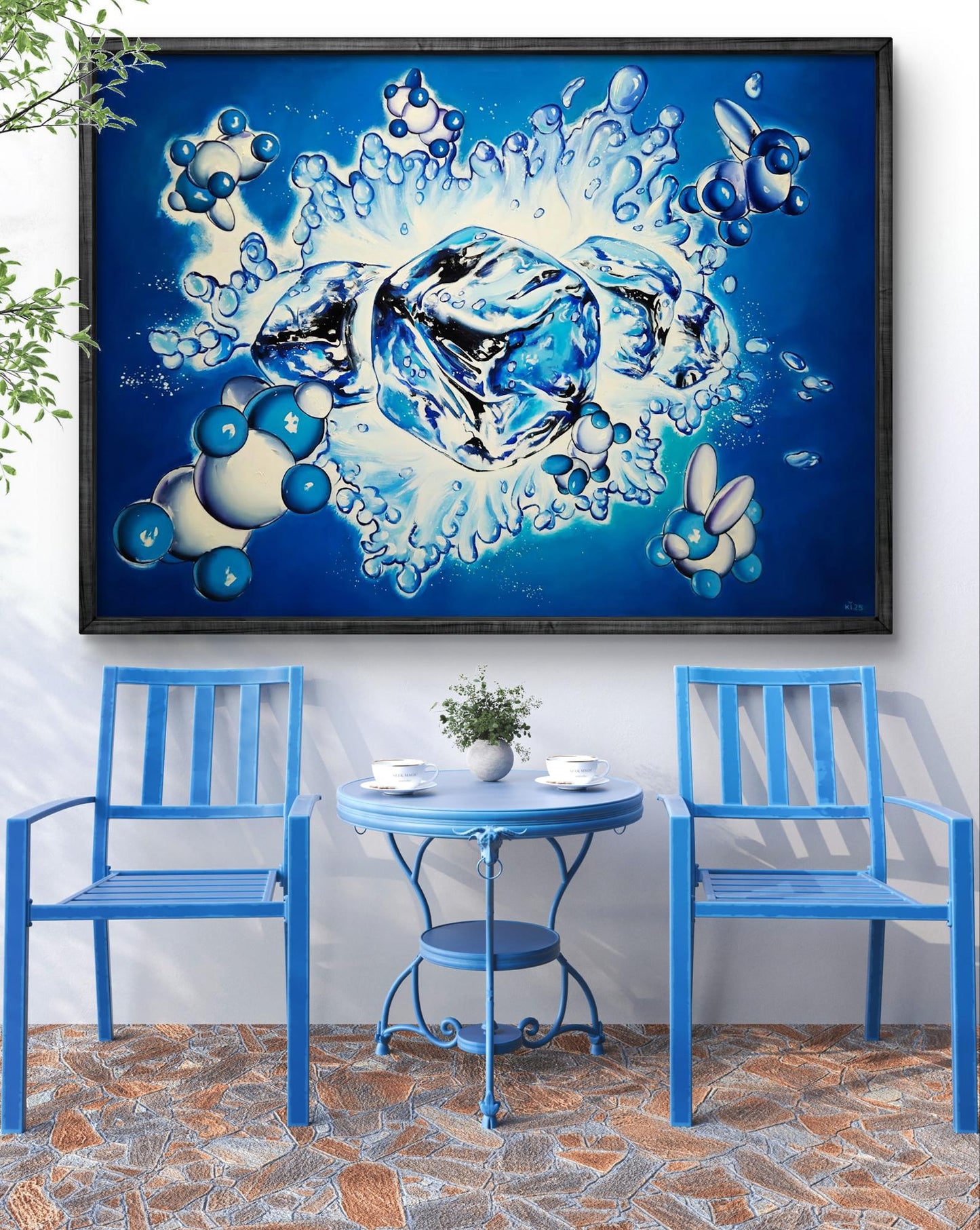 Oil painting Ice to cool the drink by Igor Konovalov, vibrant blue water splash
