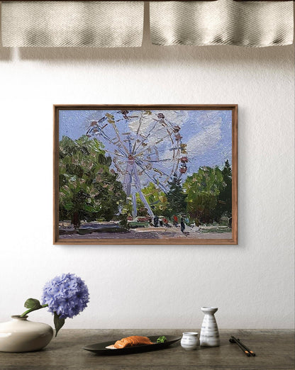 Framed oil painting of white Ferris wheel by Yury Konovalov