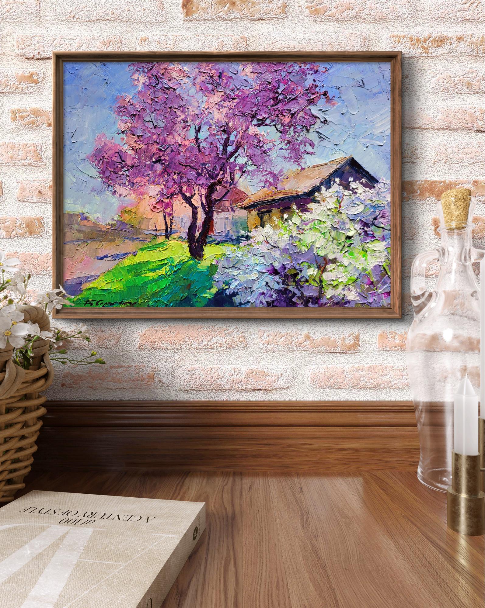 Oil painting May Boris Serdyuk: purple tree cottage on green hillside
