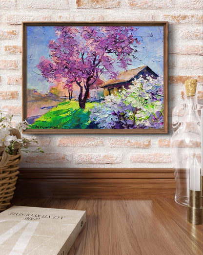 Oil painting May Boris Serdyuk: purple tree cottage on green hillside