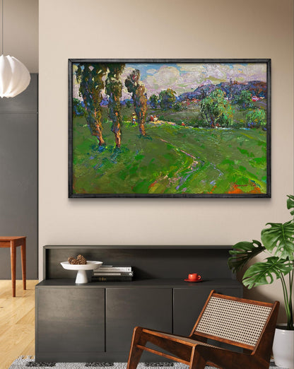 Oil painting Village Memories by Oleksiy Ivanyuk: vibrant green fields, trees, hillside