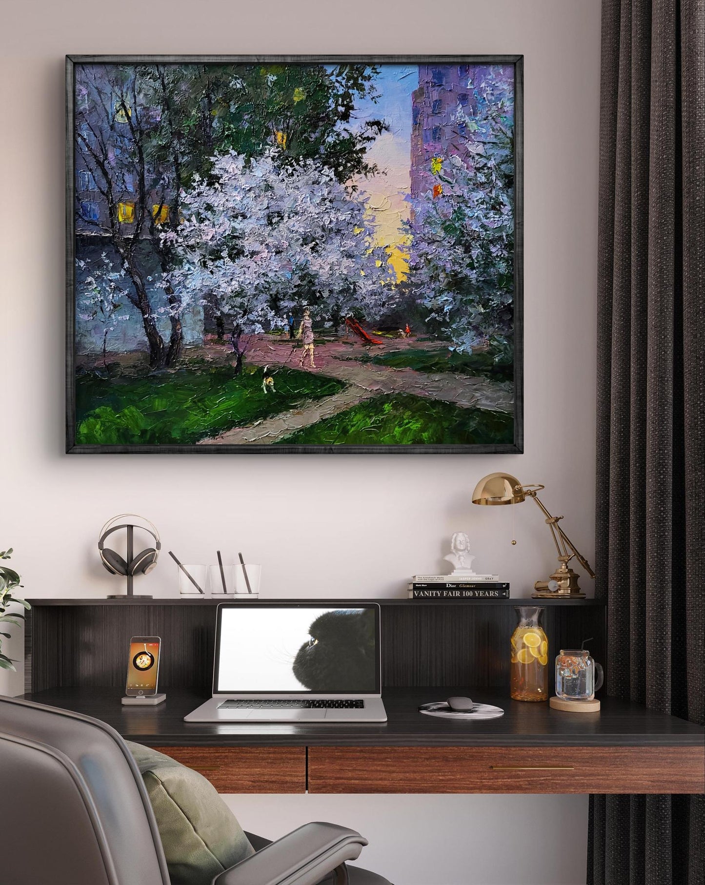 Oil painting Evening courtyard in the city by Boris Serdyuk, twilight park scene