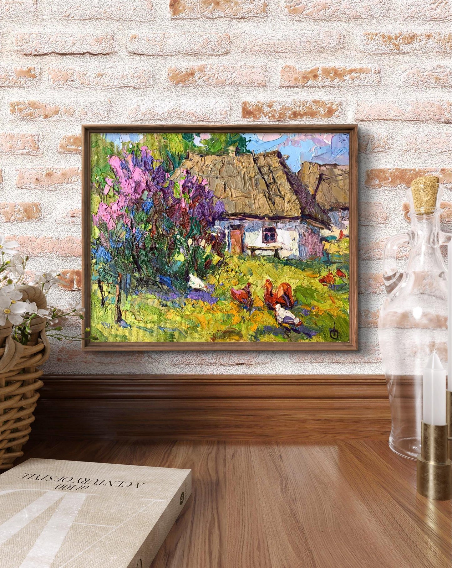 Oil painting by Oksana Ivanyuk of chickens grazing in yard with cottage and purple blossoms