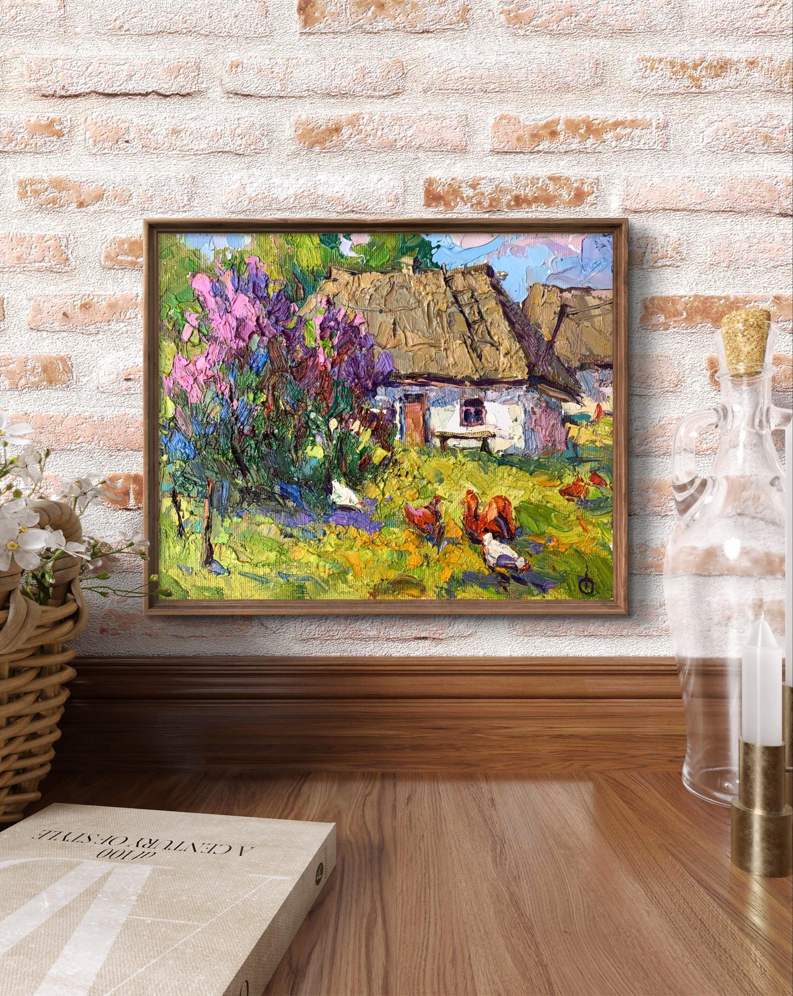 Oil painting by Oksana Ivanyuk of chickens grazing in yard with cottage and purple blossoms