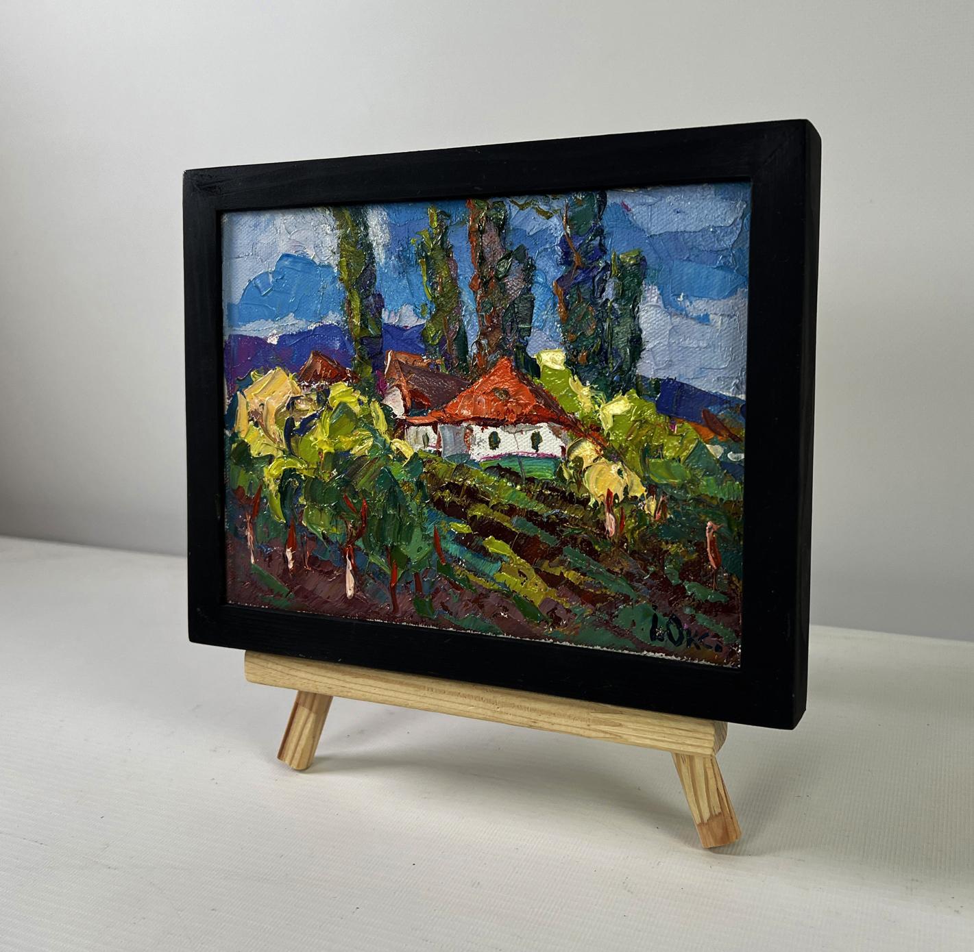 Oil painting Childhood in the aromas of grass by Oksana Ivanyuk in black frame