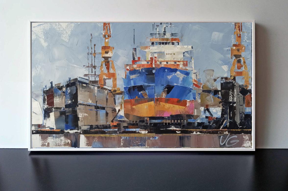 Oil painting Cargo ship Eileen C by Volodymyr Gluhomanyuk in white frame