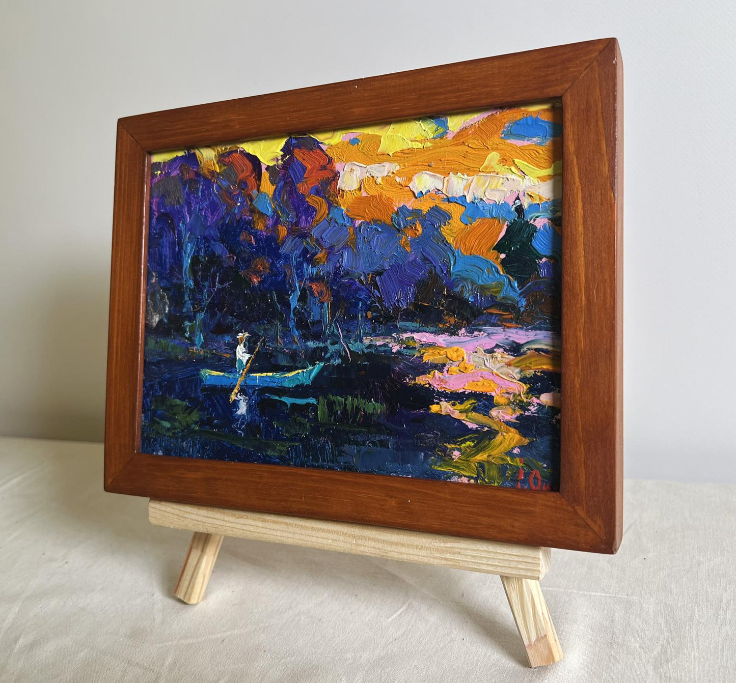 Oil painting Quiet fishing by Oksana Ivanyuk in warm wooden frame