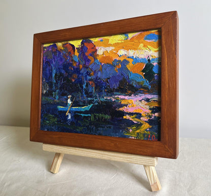 Oil painting Quiet fishing by Oksana Ivanyuk in warm wooden frame
