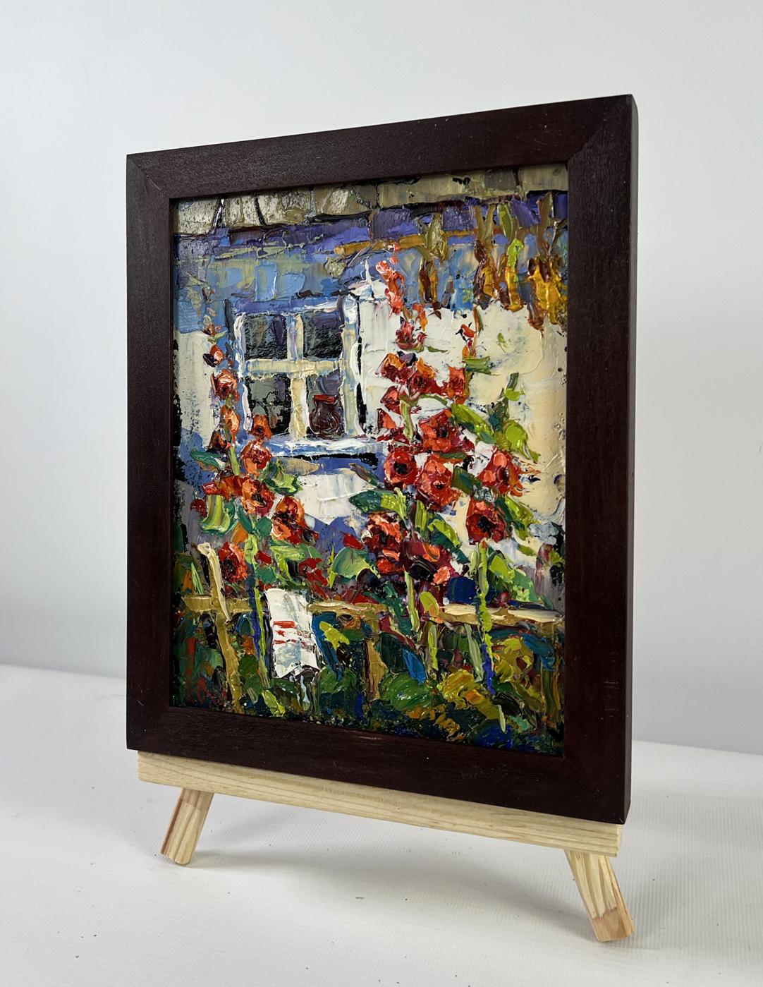 Vibrant impressionist oil painting of blooming mallows by Oksana Ivanyuk