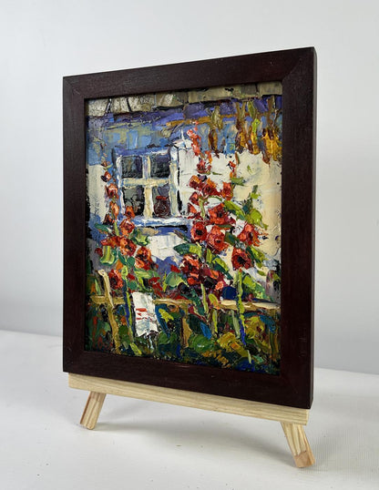 Vibrant impressionist oil painting of blooming mallows by Oksana Ivanyuk