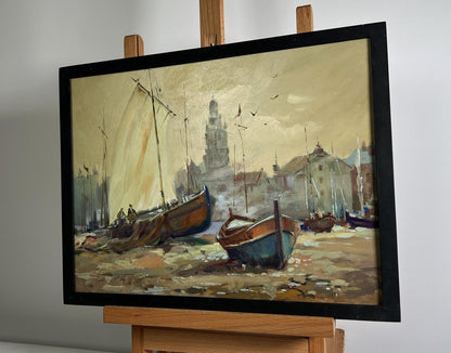 Oil painting Evening on the pier by Yuriy Suprunchuk in black frame on easel