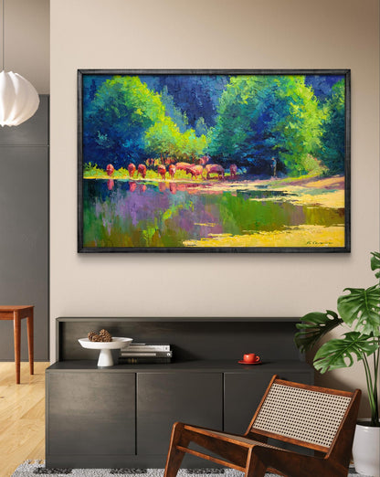 Framed impressionist oil painting of pink flamingos by Boris Serdyuk