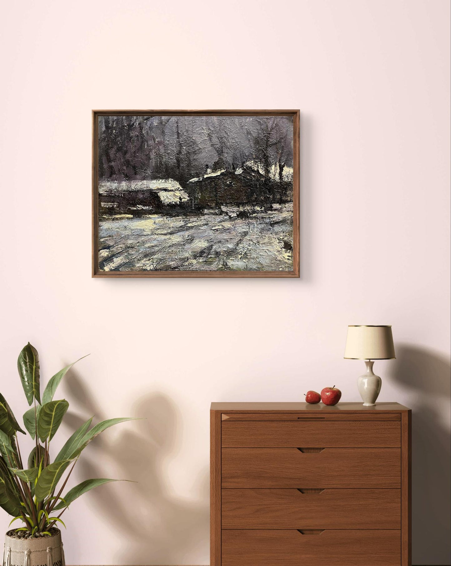 Oil painting sketch under the village by Volodymyr Pashchenko snowy scene