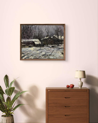 Oil painting sketch under the village by Volodymyr Pashchenko snowy scene