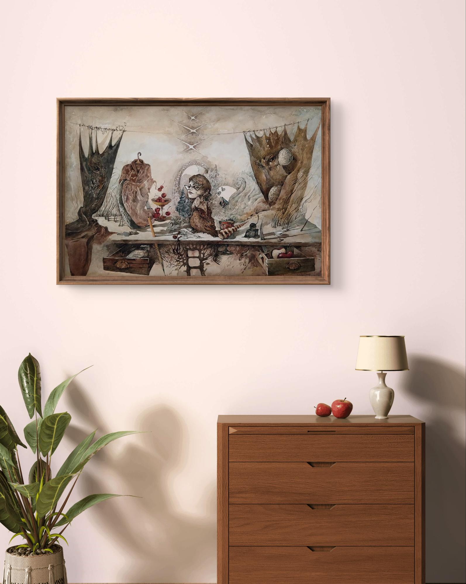 Framed dark whimsical watercolor of child at table with Dürer’s Rabbit by Yuriy Laptev