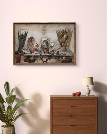 Framed dark whimsical watercolor of child at table with Dürer’s Rabbit by Yuriy Laptev