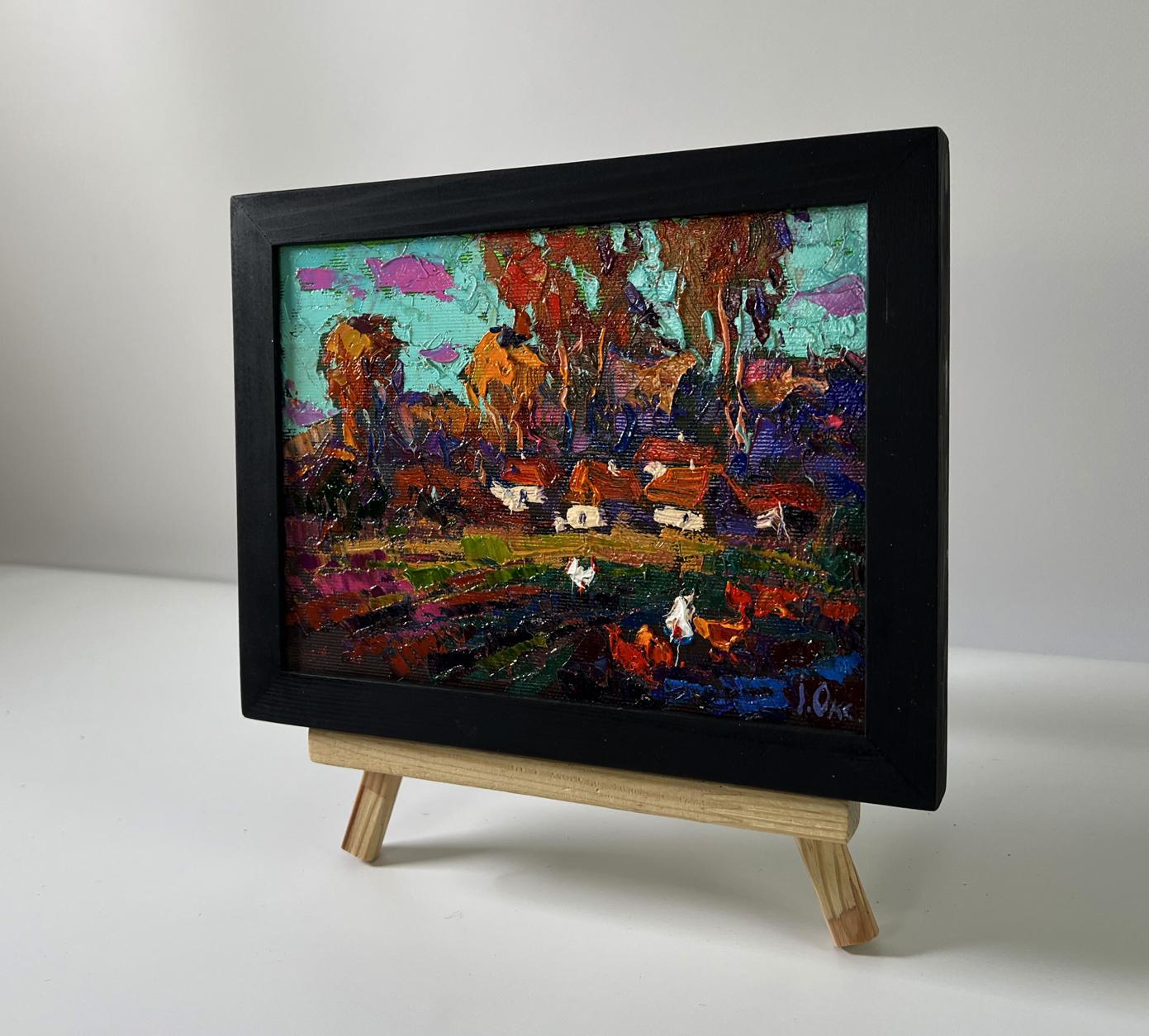Oil painting Evening village by Oksana Ivanyuk in black frame