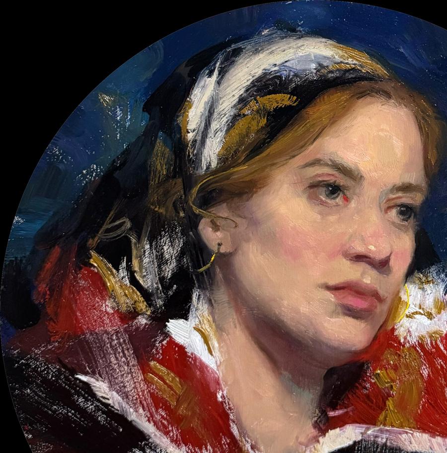 Oil painting Bea looks into the Distance by Annam Butt, woman in white gold headscarf