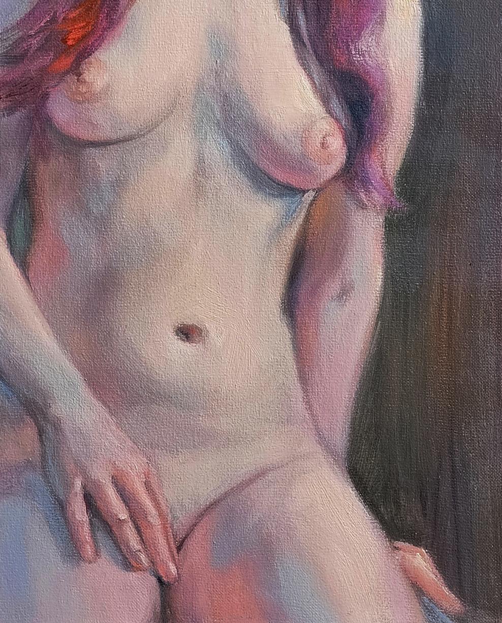 Impressionistic oil painting of female figure with pink purple hair by Oksana Osnach