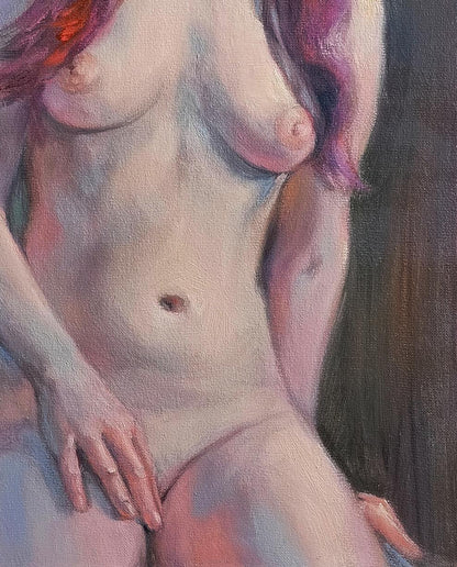 Impressionistic oil painting of female figure with pink purple hair by Oksana Osnach