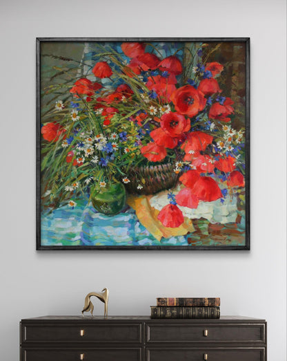 Oil painting Still life with poppies by Yuriy Suprunchuk, vibrant red poppies and blue wildflowers in woven basket