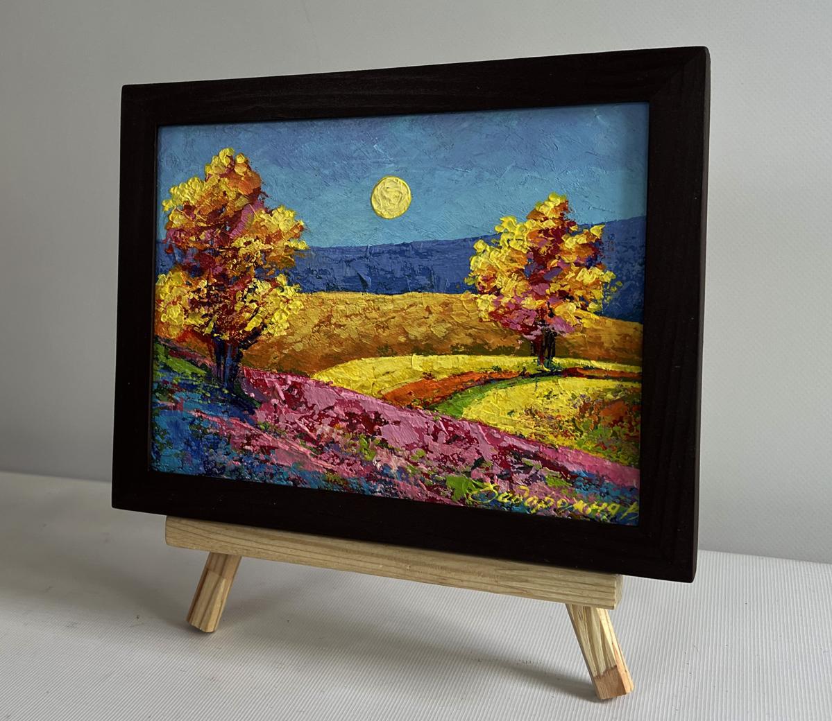 Oil painting Two trees in a field by V. Zadorozhnya, vibrant autumn landscape in black frame