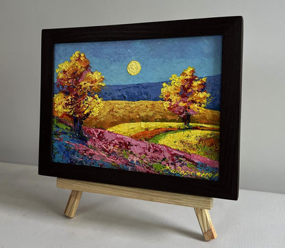 Oil painting Two trees in a field by V. Zadorozhnya, vibrant autumn landscape in black frame