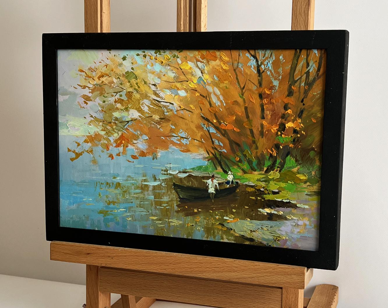 Oil painting On the autumn river by Yuriy Suprunchuk: black-framed autumn scene