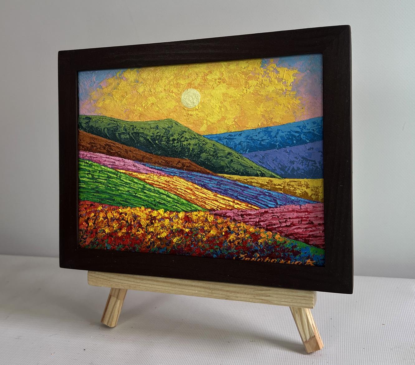 Oil painting by V. Zadorozhnya: sunset palette over mountain valley in dark frame