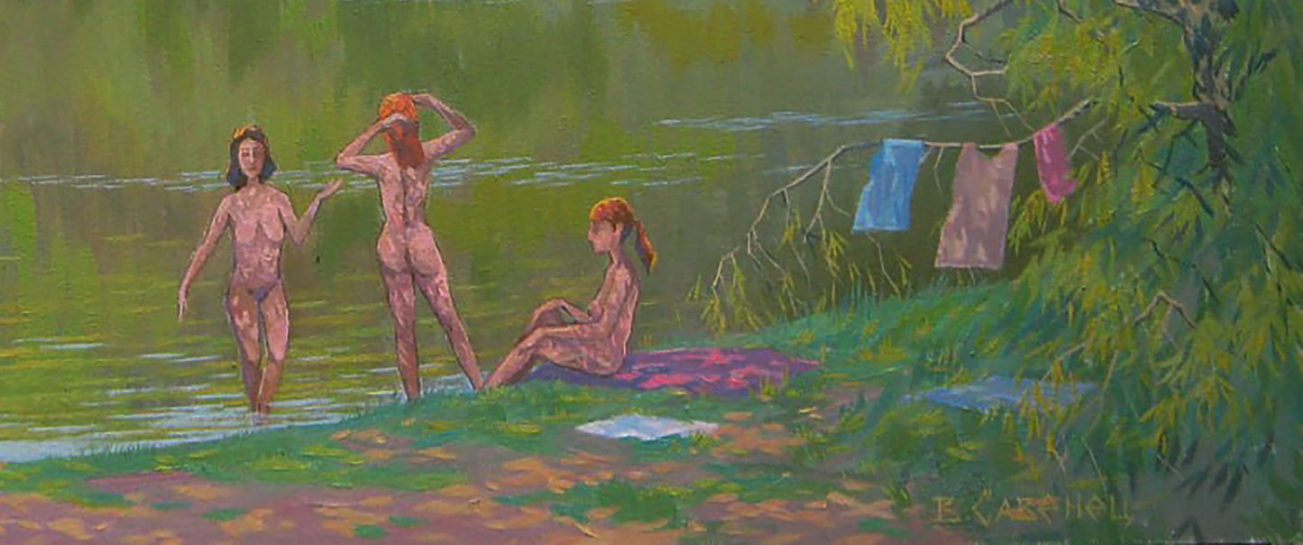 Oil painting Memories of summer by Valery Savenets: three nude figures in green waterside landscape with hanging laundry