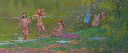 Oil painting Memories of summer by Valery Savenets: three nude figures in green waterside landscape with hanging laundry