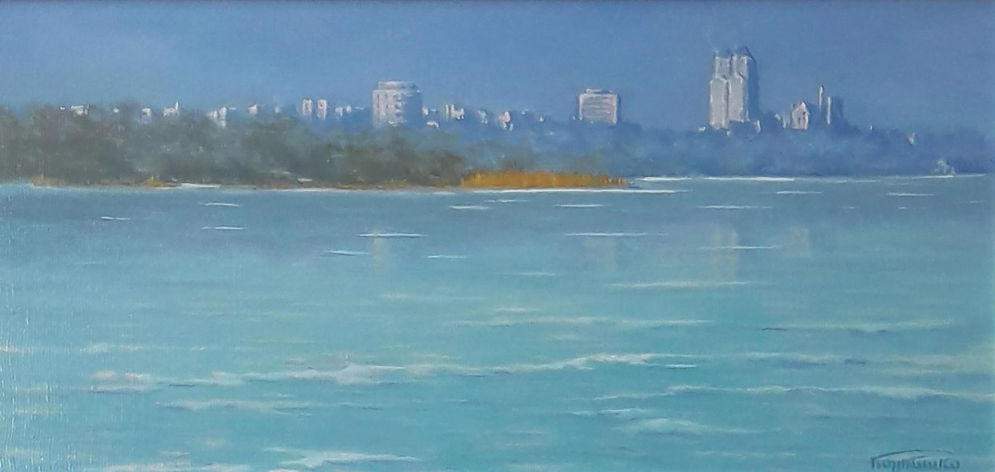 Oil painting overlooking the city by Vasily Korkishko serene coastal view