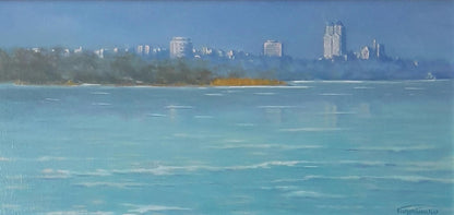 Oil painting overlooking the city by Vasily Korkishko serene coastal view