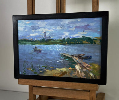 Oil painting Summer fishing on the river by Yuriy Suprunchuk in black frame