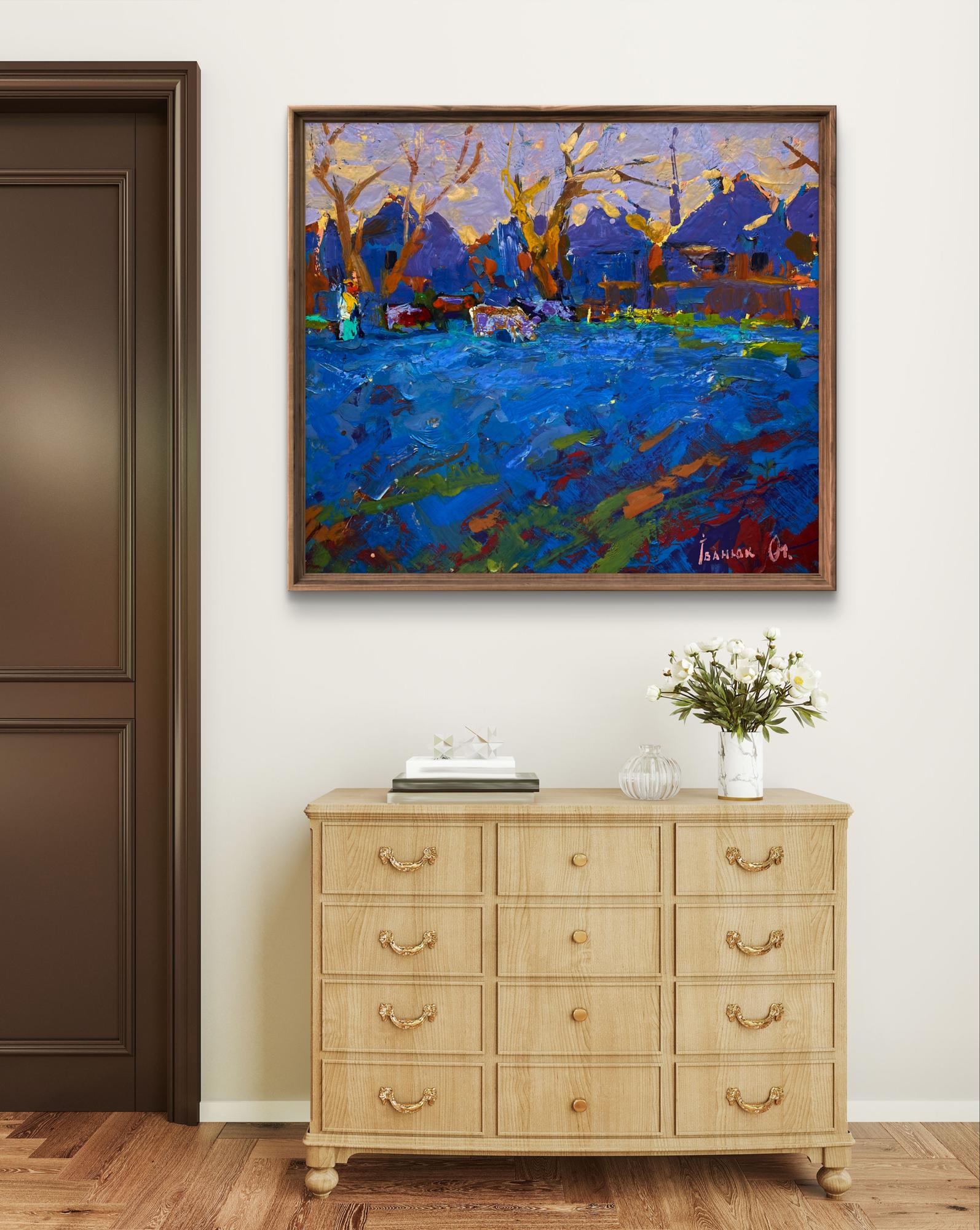 Vibrant impressionist oil painting by Oleksiy Ivanyuk: grazing cattle in evening blue fields