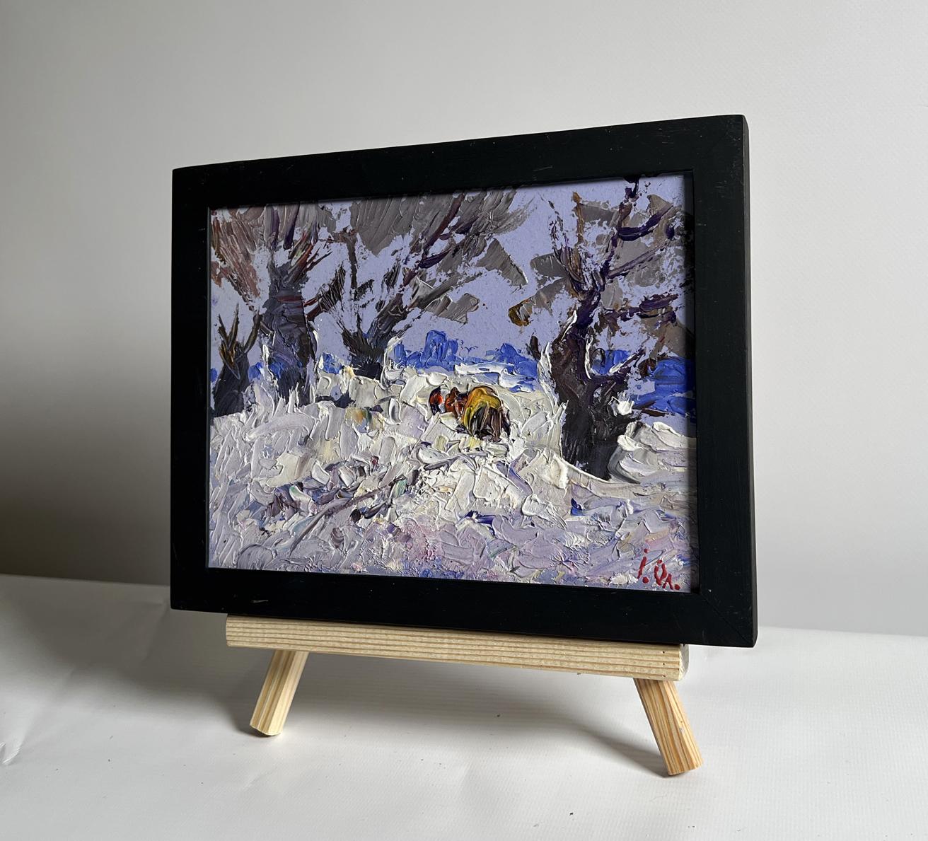 Black-framed miniature oil painting Winter snowy road by Oleksiy Ivanyuk