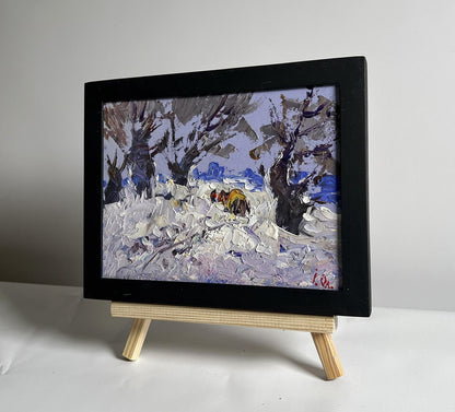Black-framed miniature oil painting Winter snowy road by Oleksiy Ivanyuk