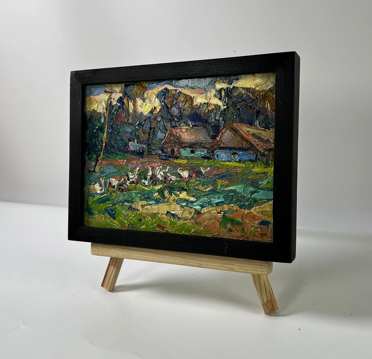 Oil painting of geese walking in evening rustic village by Oleksiy Ivanyuk