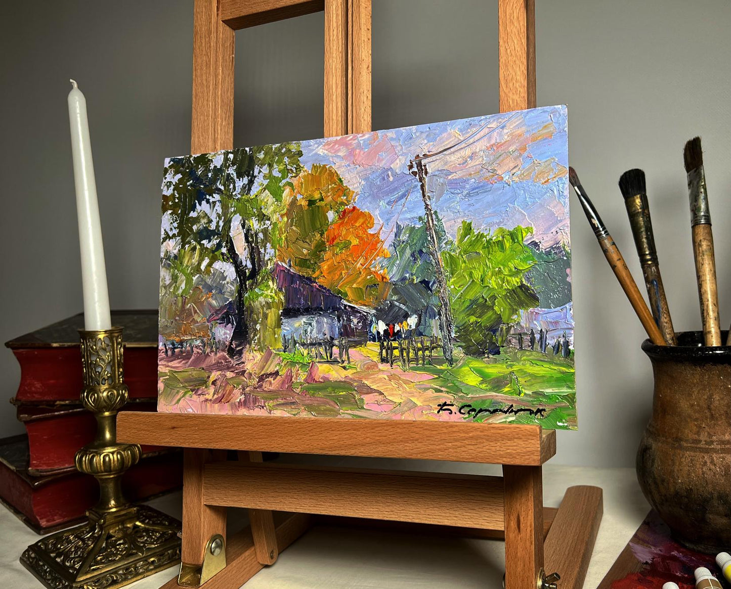 Vibrant impressionist oil painting September day by Boris Serdyuk, autumn rural scene