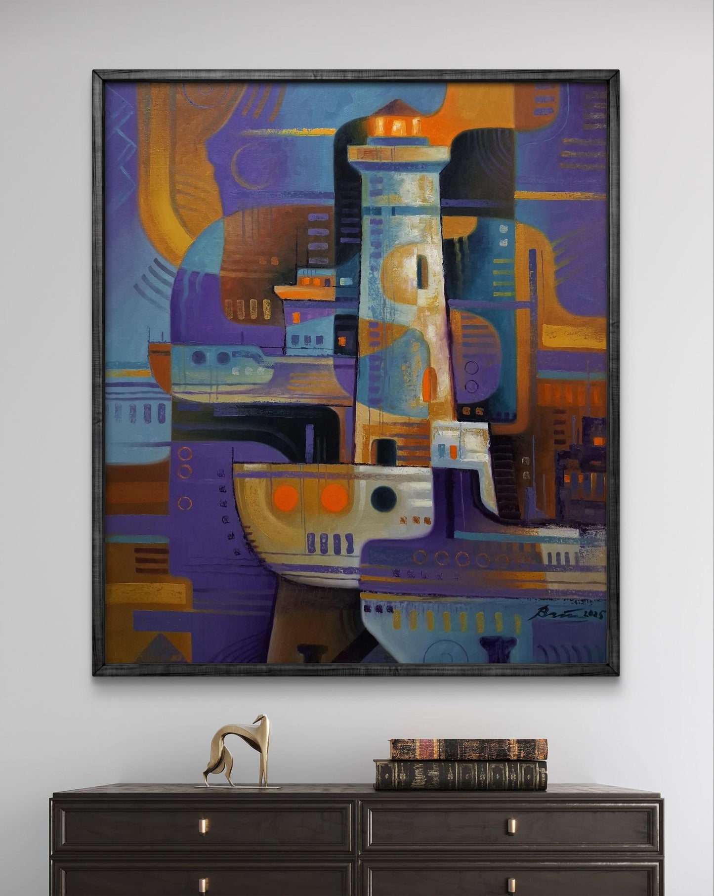 Oil painting of lighthouse and ships by Sergiy Voichenko in dark frame