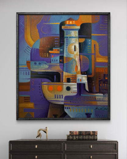 Oil painting of lighthouse and ships by Sergiy Voichenko in dark frame