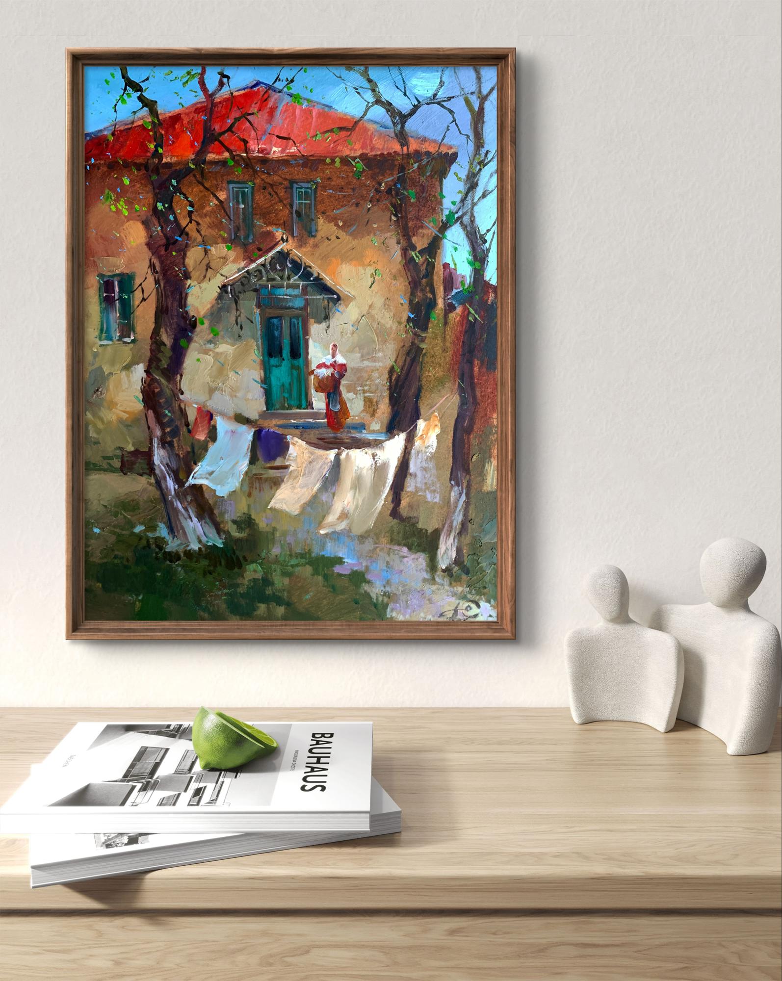 Framed oil painting A light breeze in the yard by Yuriy Suprunchuk
