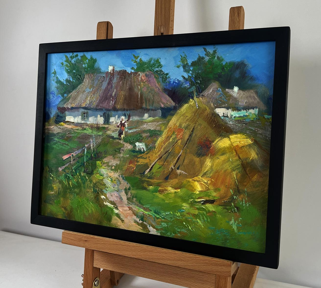 Oil painting Summer Village Life by Yuriy Suprunchuk in black frame